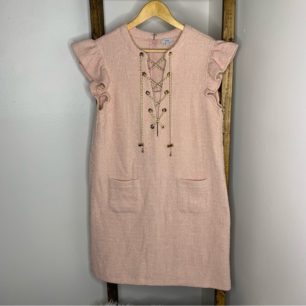 VOY Pink Ruffle Sleeve Dress with Lace-Up Front Size S